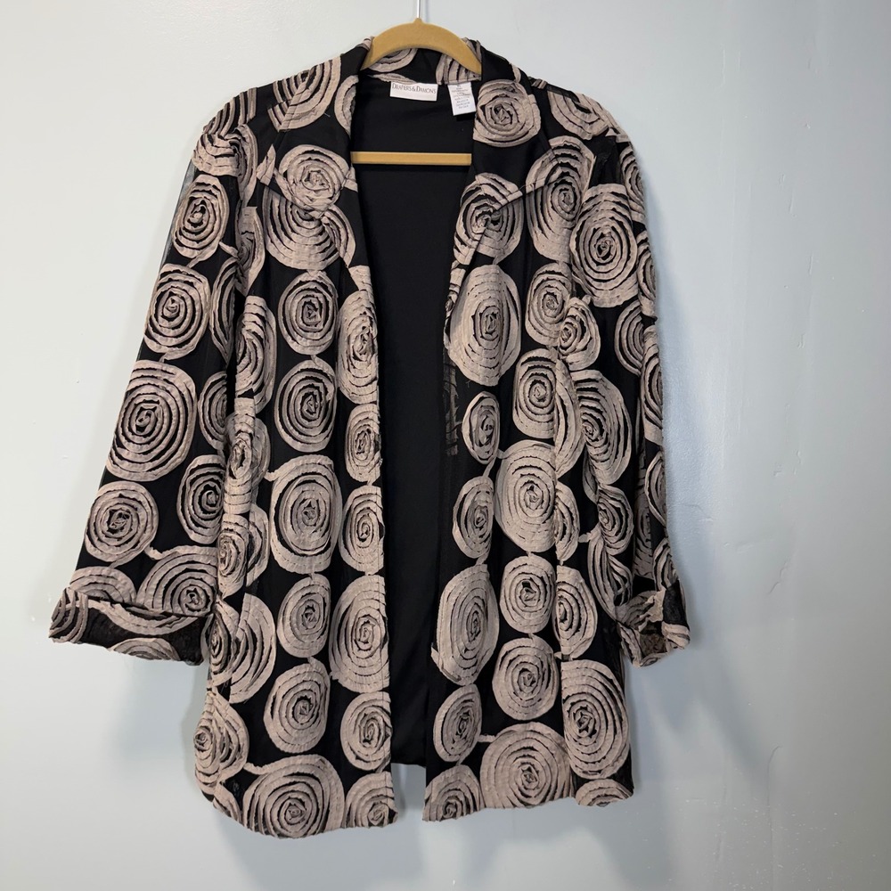 Drapers & Damons Vintage XL Black Tan Textured Rose Open Front Jacket